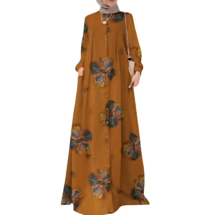 New factory price cotton and linen printed long blouse shirt Muslim plus-size women's casual dress robe Indonesia Malaysia