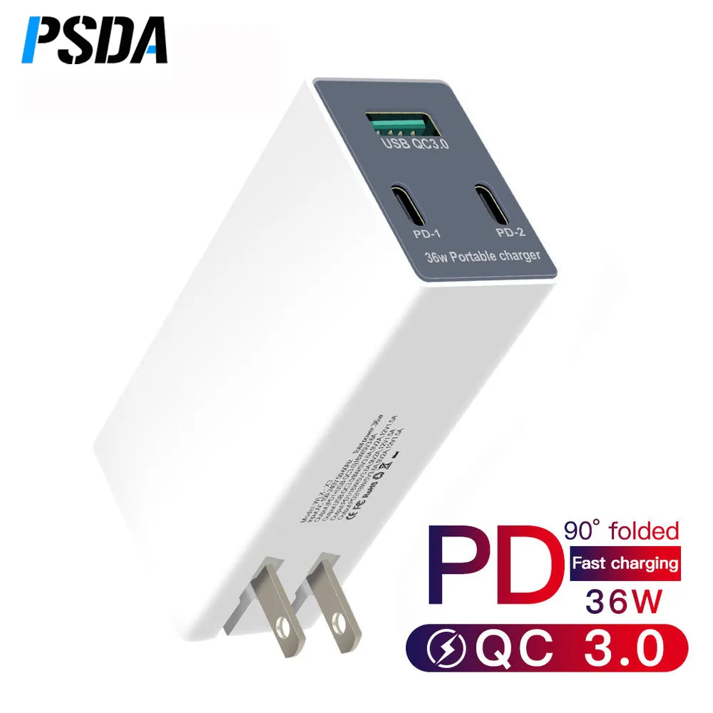 PSDA 36W سريعة تهمة 3.0 شاحن يو اس بي PD شاحن آيفون نوع C USB C المحمولة السفر جدار سريع شاحن سامسونج