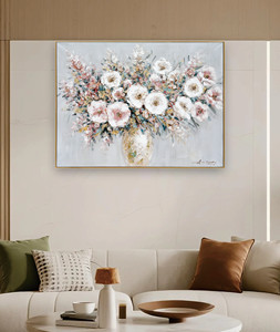 <span class=keywords><strong>Peinture</strong></span> à l'huile murale abstraite florale peinte à la main, <span class=keywords><strong>bouquet</strong></span> <span class=keywords><strong>de</strong></span> fleurs roses et blanches dans un vase texturé, pour la décoration intérieure - Grande Vente - Product Image 2