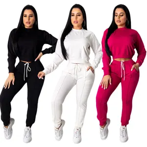 Drop Shipping Mode Freizeit Sport Solid Sleeve Pullover Short Top Kordel zug lange Hosen Frauen Kleidung zweiteilige Set Hose Set