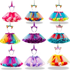 Children's Costumes unicorn headband girl plus lined children half skirt rainbow mesh gauze pooping skirt TuTu dress for girls