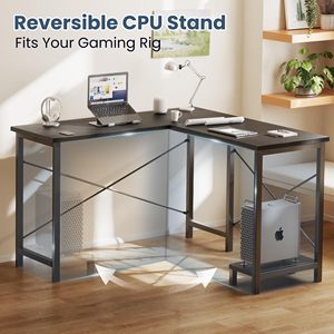 Bureau d'ordinateur en forme de L SENYU, surface en métal noir, bureau d'angle multifonctionnel avec plateau pour clavier et gestion des câbles - Product Image 2