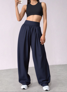 Pantaloni a Vita Alta a Gamba Larga in Tinta Unita, Lunghezza Intera, Vita Elastica, Traspiranti in Spandex e Poliestere, Abbigliamento Sportivo Casual da Donna - Product Image 1
