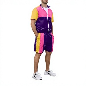 Ensemble de survêtement pour homme à blocs de couleur, manches courtes, fermeture éclair sur le devant, en polyester, tenue sportive d'été avec poches latérales, coupe classique - Product Image 1