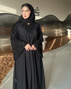 Elegant Black Polyester Abaya Sparkly Sequin Floral Design V Neck Ankle Length <strong>Summer</strong> Modest Islamic Dress Dubai <strong>Kaftan</strong> Matching - Product Image 1