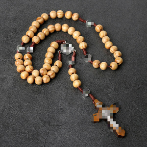 Chapelet Catholique Crucifix Bijoux Religieux Perles en Bois Naturel Chapelets Faits Main Colliers Croix - Product Image 5