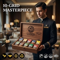 Coffret à thé en bois de noyer Landy Luxury à 10 compartiments, grande capacité, organisateur de rangement pour sacs, pour hôtel, vente en gros