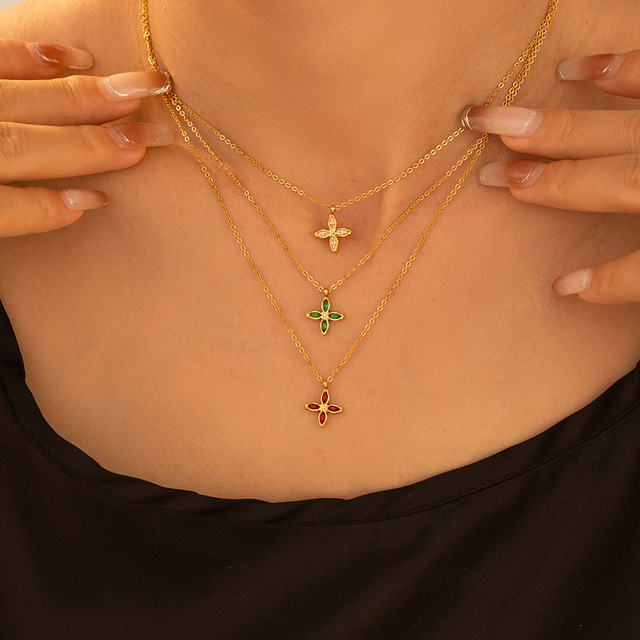Cross-Border Popular Colorful Micro-Inlaid Zircon Necklace Ring Set Women High-End Stainless Steel 18K Gold Plated Geometric