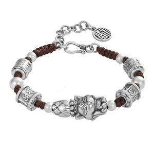 Bracciale in argento Sterling S999 bracciale uomo e donna Vintage intrecciato sei parole Mantra argento perline corda braccialetto gioielli fai da te