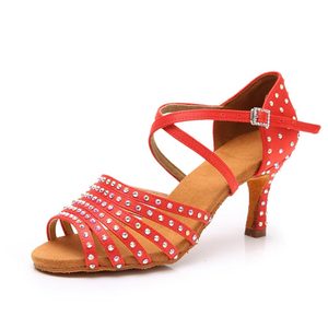Zapatos <span class=keywords><strong>de</strong></span> Baile Latinos <span class=keywords><strong>de</strong></span> Salón Profesionales para Mujer, Tacón <span class=keywords><strong>de</strong></span> 9 cm, <span class=keywords><strong>Banda</strong></span> <span class=keywords><strong>de</strong></span> Satén Marrón con Pedrería, Novedad - Product Image 4