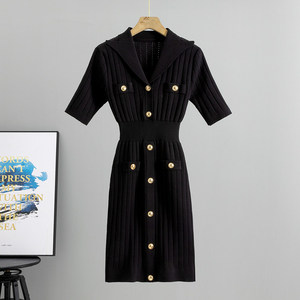 Elegante Vestido de Verano 2024 para Mujer, Cuello Solapa, Botones, Tejido Sólido, Corte Ajustado, Cintura Controlada, Largo Medio, Nylon/Algodón, Efecto Ilusión - Product Image 2