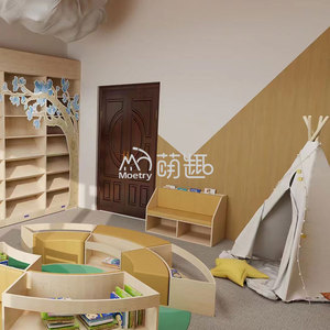 Bibliothèque de bibliothèque pour enfants en contreplaqué Moetry Curve Out avec banc d'assise souple pour la salle de lecture de l'école maternelle - Product Image 4