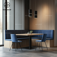 Ensemble de meubles modernes en bois et velours bleu pour hôtel, restaurant, salon de thé, fast-food, café : table, chaise, canapé, banquette
