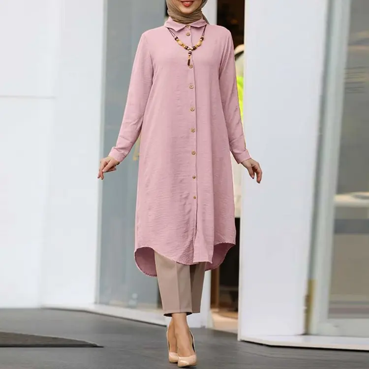 2024321 여성 아바야 이슬람 셔츠 원피스 긴 소매 버튼 폐쇄 A 라인 미디 드레스 탑 착용 두바이 아랍어