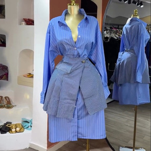 HK73894 Trendy Skirt Set for Women Lapel <strong>Blue</strong> Stripe Long Sleeve Shirt + Short Skirt Sets 2 Piece Outfits for Women Office <strong>Wear</strong> - Product Image 1