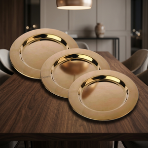 Assiette de service ronde en acier inoxydable poli de qualité supérieure, écologique, finition dorée, élégante, décorative, style classique - Product Image 3