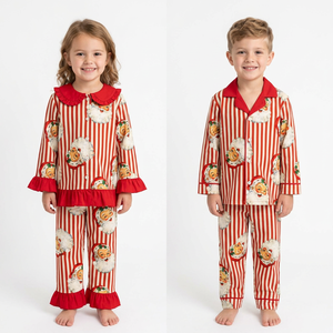 Ensemble de pyjamas de Noël pour enfants, fille et garçon, sans manches, rayé rouge et blanc, en spandex/polyester écologique, haut et pantalon - Product Image 1