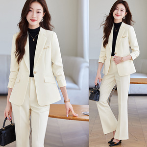 Women's Suit Set Light Blue Three Quarter Sleeve Office Lady Spring Anti-Wrinkle Polyester Worsted Fabric - Product Image 2