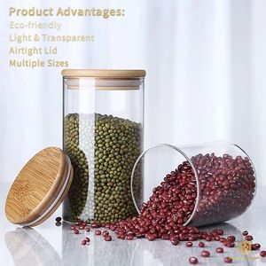 Custom Brede Mond Glazen Voedselopslag Potjes <span class=keywords><strong>Set</strong></span> 16Oz Borosilicaatglas Kruiden Koffie Thee Flessen Pot Met Luchtdicht Bamboe Deksel - Product Image 3