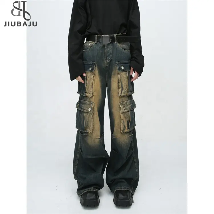 Pockets Male Jeans Casual Contrast Color Patchwork Men's Wide Leg Denim Pants Vintage Spring New 2024