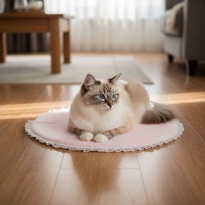 Tapis rond rose pour animaux de compagnie avec bord festonné antidérapant pour lit de chat, lavable, utilisation en intérieur - Product Image 2