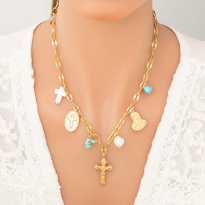 Collier pendentif croix en or massif 18 carats anti-ternissement avec perle et acier inoxydable, articles religieux catholiques pour femmes et jeunes filles - Product Image 3