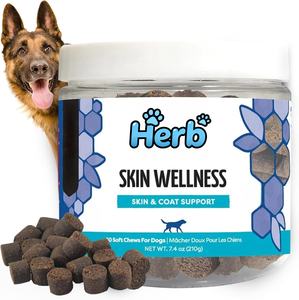 Complément nutritionnel pour animaux de compagnie, sous marque privée OEM/ODM, en forme de friandises à mâcher douces pour le pelage et la peau, améliorant la santé du pelage, conditionnement en pot de 90 unités. - Product Image 1