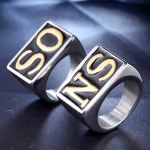 Wholesale stainless steel jewelry men's square gold plating punk rock custom letter embossed SO NS finger rings