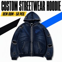 Veste à capuche zippée en jean délavé personnalisé avec déchirures usées et détails en strass bleus – Marques de créateurs streetwear