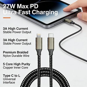 สาย USB C to L 27W PD ชาร์จเร็ว สายถักไนลอน สำหรับ <span class=keywords><strong>iPhone</strong></span> <span class=keywords><strong>14</strong></span> 13 12 ซิงค์ข้อมูล + ชาร์จ 2-in-1 - Product Image 1