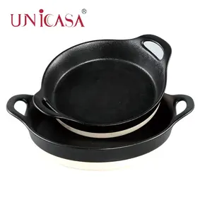 Panci Bakeware Hitam Fashion Kualitas Tinggi, Set Piring Nordik Bulat, Nampan Panggang Porselen Keramik Kreatif dengan Dua Telinga