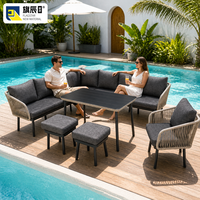 5-teiliges Outdoor-Patio-Set, L-förmiges Sofa, Sessel, Tisch, 2 Ottomanen, beige Seilgeflecht, Metall