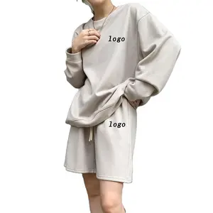 Lebond Custom women embroidery tracksuits hoodie shorts sets high quality cotton fleece ladies pullover & shorts 2 pieces set