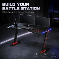 Table de jeu et bureau informatique AOR avec éclairage RGB, porte-gobelet, plateau pour écouteurs, surface en bois, noir – Expédition immédiate