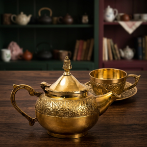 Vintage Brass Tea Pot With Lid And <b>Cup</b> <b>Saucer</b> Set Decorative Metal Water Pot With Handle Ornate Design - Product Image 1