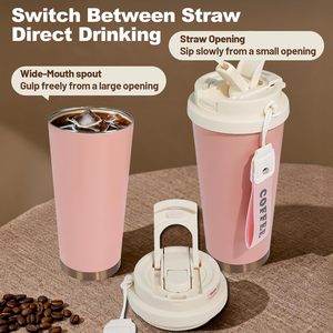 Custom logo 600 ML 20OZ Double Wall Vacuum Leakproof Insulated Tumbler Cup with Handle <b>Rope</b> Lids Straw and Sip for Car Office - Product Image 4