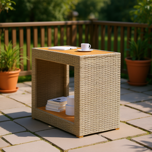 Poly Rattan Patio Side <b>Table</b> With Wooden Top Outdoor <b>Table</b> Beige 39.4x15.7x29.5 Inches Durable Contemporary Design - Product Image 2