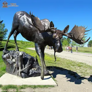 Escultura de metal para jardim, estátua de cobre marrom de cervos soltos para decoração ao ar livre