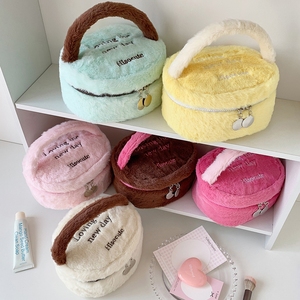 Round-shape Cotton Plush Cosmetic <b>Case</b> Bag Large Capacity <b>Makeup</b> Bag for Women Easy to Carry Zipper Organize Bag - Product Image 3