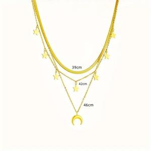 Collar de Moda para Mujer QX, Chapado en Oro de 18K, Acero Inoxidable, Diseño de Luna y Estrella de Varias Capas, Cadena de Serpiente Impermeable - Product Image 5
