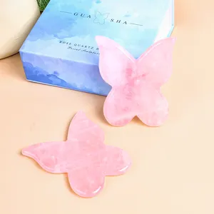 High Quality Rose Quartz Butterfly Shape Face Guasha Skin Care Massage Tool Custom Logo Pink Crystal Facial Gua Sha Stone