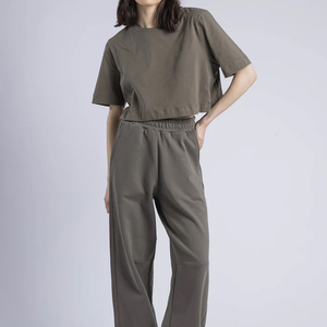 T-shirt court décontracté en toile noir uni pour femme, col rond, manches courtes, coupe classique, style printemps-été - Product Image 5