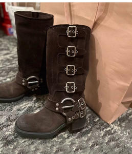 רטרו זמש עור מערב קאובוי נשים של מגפיים גס עבה הברך העקב עבה ברך גבוה מעצב האתחול גברים לנשים בקיץ - Product Image 5