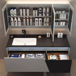 Modern Seamless Sintered Stone <b>Bathroom</b> <b>Vanity</b> with Integrated Ceramic Basin, Waterproof Oak <b>Bathroom</b> Cabinet Set - Product Image 2