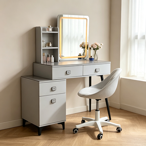 Modern White Vanity Table <b>with</b> <b>Lighted</b> Square <b>Mirror</b> and Storage Drawers - Product Image 2