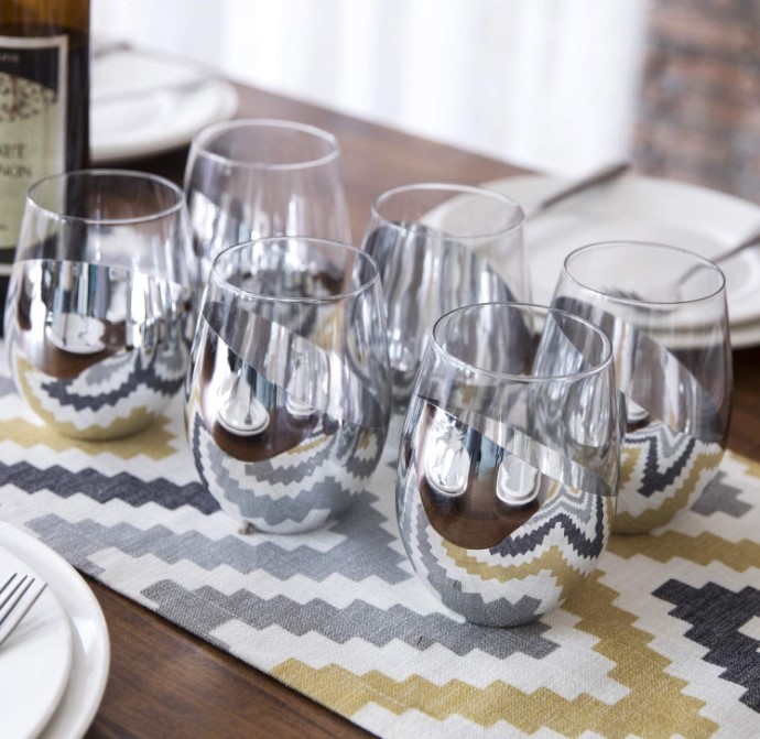 Tilted Silver Tone Metallic Stemless Wine Glasses, Beverage Drinkware Tumbler Cups, Set of 6