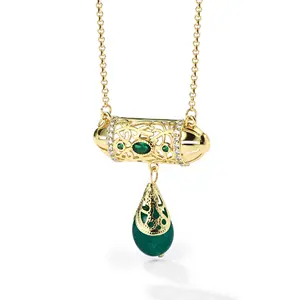VANFI 14K Gold Plated Rose Red & Green Stone Zircon Copper Link Chain Beads Pendant Necklace Trendy Style Party Gift