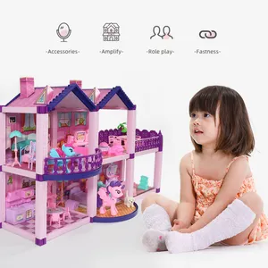 Huiye Rumah Boneka Anak, Rumah Mainan Anak-anak Rumah-rumahan Boneka Besar DIY Adegan Villa Dirakit