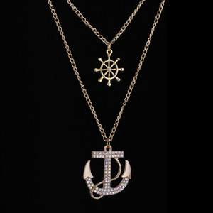 Yeni moda 2 renk çift katmanlı kristal Rhinestone çapa dümen kolye kişilik kadın uzun zincir kazak kolye - Product Image 4
