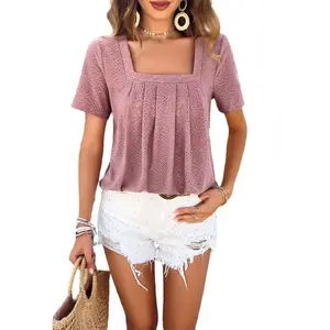 T914 Customized design short sleeve lace pattern soft eyelet material square collar gather women blouse top for summer styles